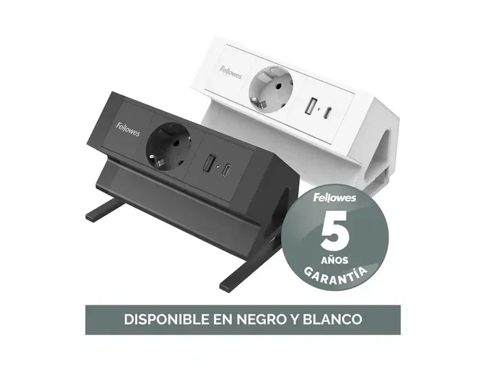 Fellowes Regleta sobremesa con USB-C 30W, 1 toma + 1 USB-A, color blanco, para escritorios 10-45mm