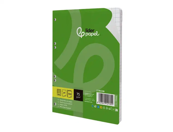 Liderpapel Recambio A5 100 Hojas Cuadro 8mm con Margen y 6 Taladros