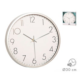 Caison Reloj de Pared 30 cm, Fondo Blanco y Marco Gris, Funciona con 1 Pila AA