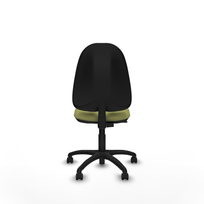 Silla de oficina Algarra con mecanismo Contacto permanente básico tapizada con Tela color Verde oliva. Equipada con Base poliamida negra, Sin brazos y Ruedas de parqué