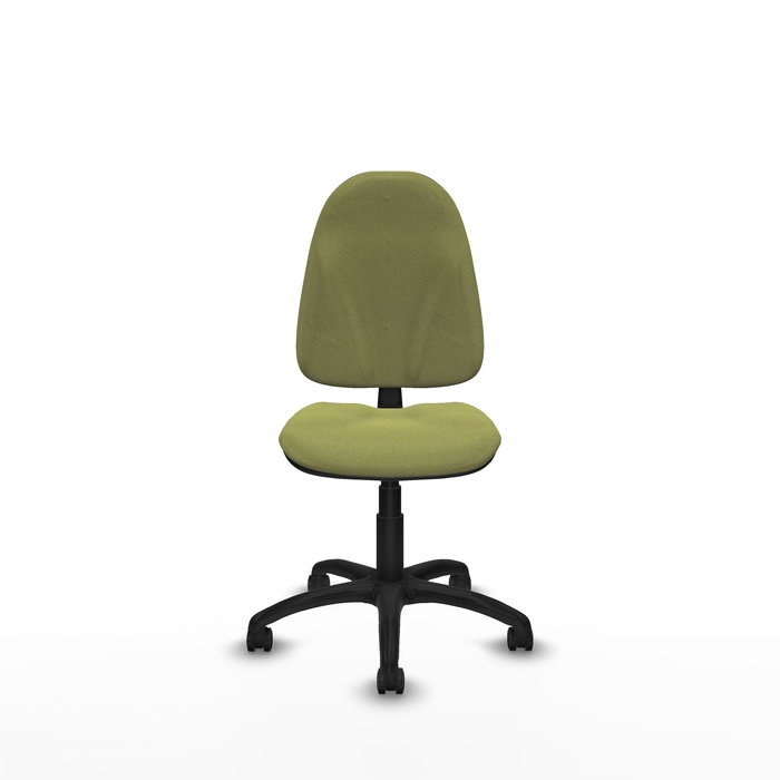 Silla de oficina Algarra con mecanismo Contacto permanente básico tapizada con Tela color Verde oliva. Equipada con Base poliamida negra, Sin brazos y Ruedas de parqué