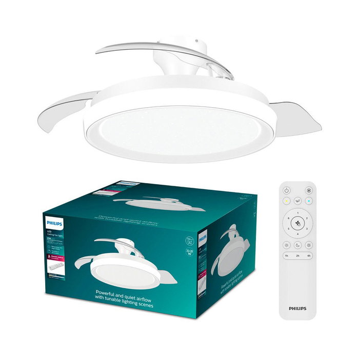 Philips Bliss White Sparkle - Ventilador de Techo LED 3 CCT con Aspas Retráctiles Transparentes, Blanco Estrellado, ⌀106 cm, Motor DC 28W, Mando a Distancia