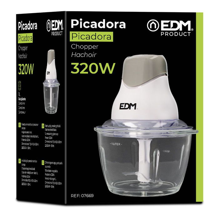 Edm Picadora de Cocina con Recipiente de Cristal 320W Capacidad 1L