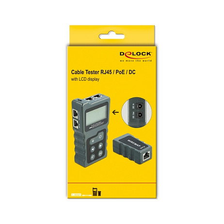 DeLOCK Comprobador de Cables RJ45/PoE/DC con Pantalla LCD, Tester de Par Trenzado IEEE 802.3af/at, Incluye Funda, Ref. Delock LCD Kabeltester