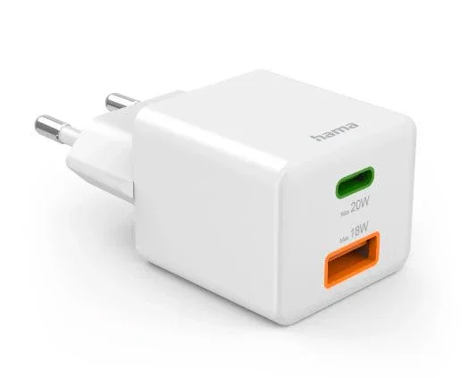 Hama Cargador Rápido USB 00201991 de 20W con Power Delivery y Quick Charge, 2 Puertos (USB-C + USB-A), Compacto, Blanco, Compatible con Smartphone y Tablet