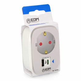 Edm Adaptador 1 toma 2p+t Schuko con 2 USB (A + C), blanco