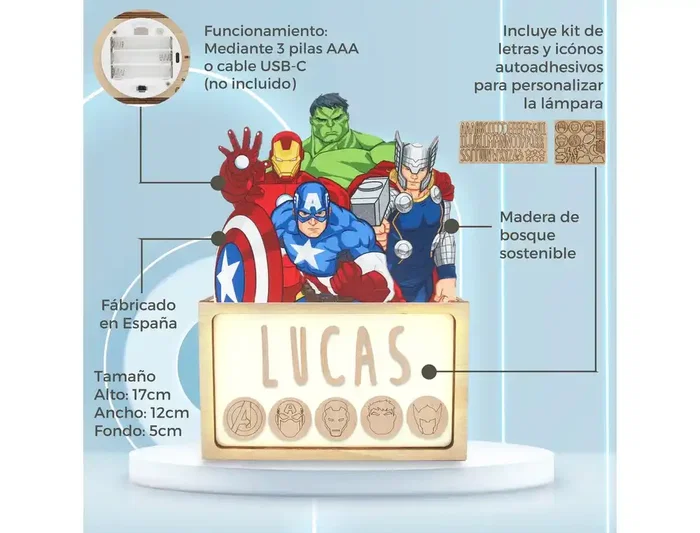 Wondee Lámpara personalizable de sobremesa LED de madera Avengers - Lámpara de decoración con pilas