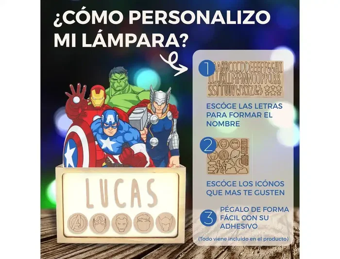 Wondee Lámpara personalizable de sobremesa LED de madera Avengers - Lámpara de decoración con pilas