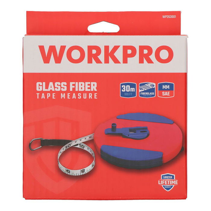 Workpro Cinta Métrica de Fibra de Vidrio 30 m, Carcasa Resistente a Golpes ABS