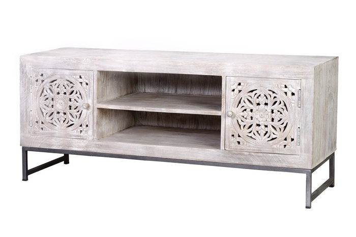 Giner y Colomer Mueble Tv Madera de Mango y Patas de Metal Blanco Envejecido