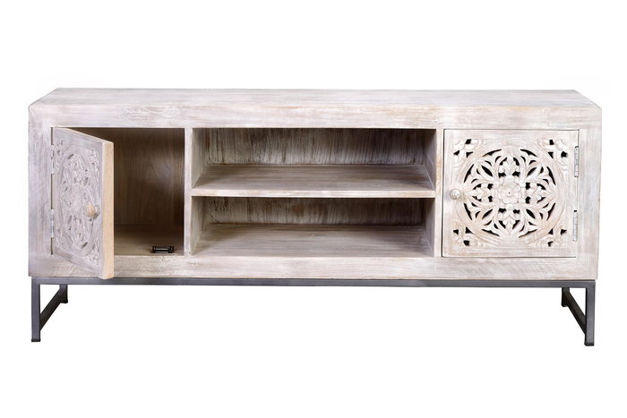 Giner y Colomer Mueble Tv Madera de Mango y Patas de Metal Blanco Envejecido