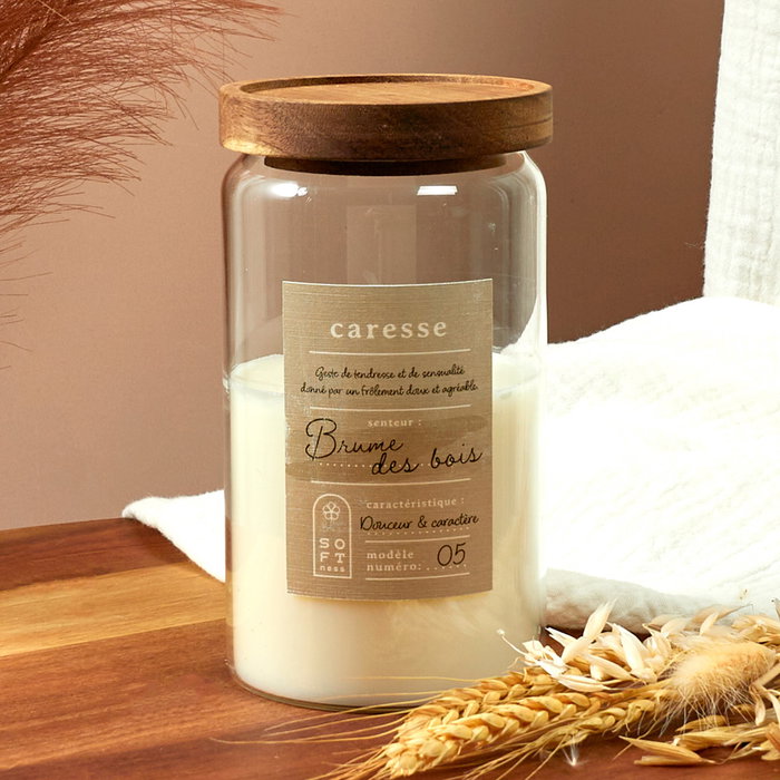 Home Deco Factory Vela Perfume Acacia Cocooning Tarro Vidrio Tapa Madera Aroma Algodón/Cachemira/Bosque 420g 50h 9.3x17cm