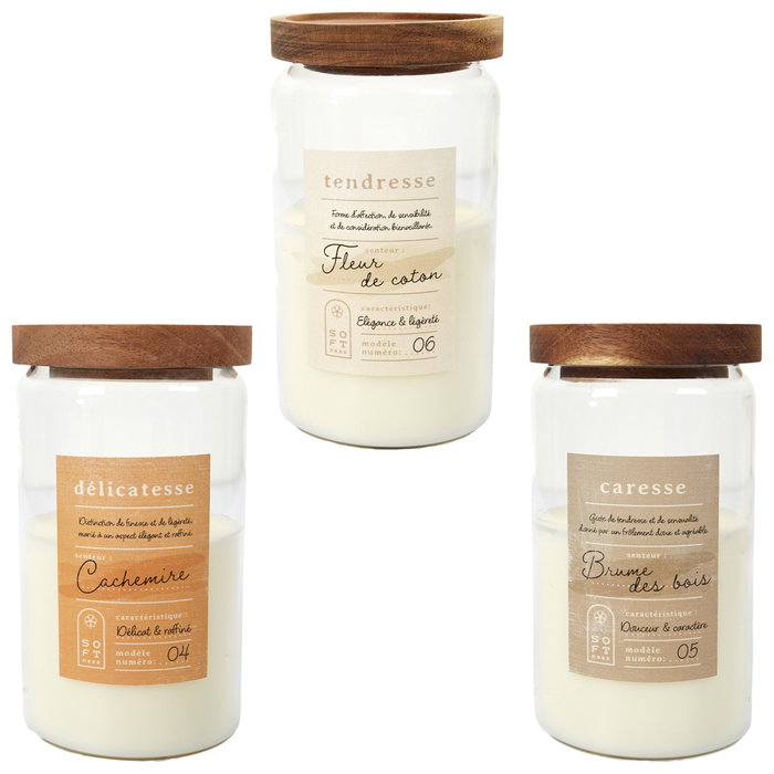 Home Deco Factory Vela Perfume Acacia Cocooning Tarro Vidrio Tapa Madera Aroma Algodón/Cachemira/Bosque 420g 50h 9.3x17cm