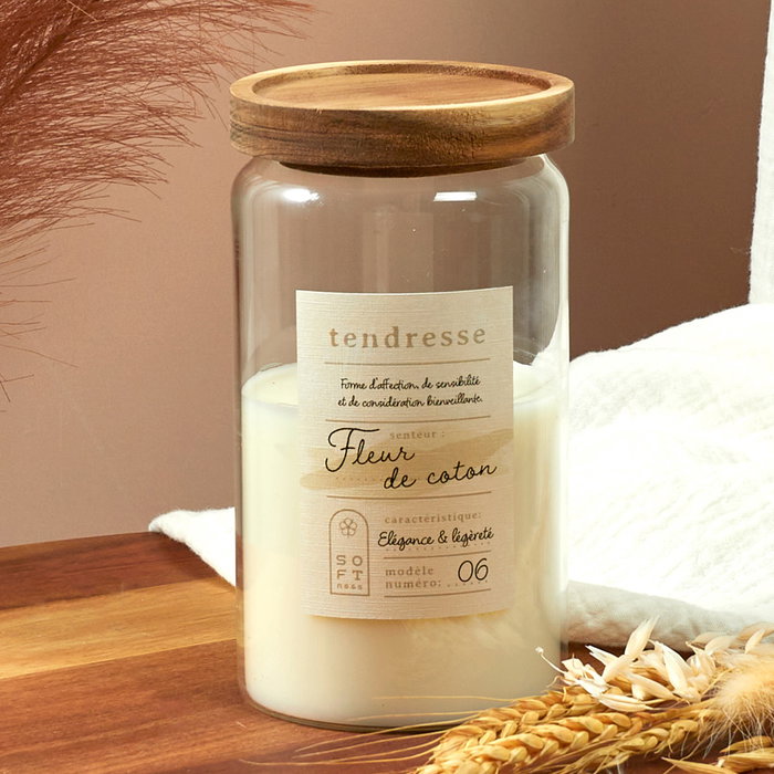Home Deco Factory Vela Perfume Acacia Cocooning Tarro Vidrio Tapa Madera Aroma Algodón/Cachemira/Bosque 420g 50h 9.3x17cm