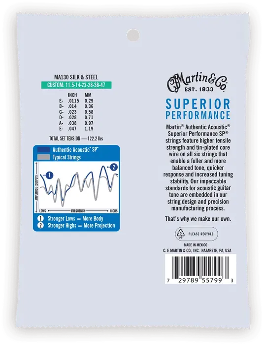 Martin Juego Acústica Authentic Silked Bronze 80/20 Custom Light 11-52 Cuerdas para Guitarra