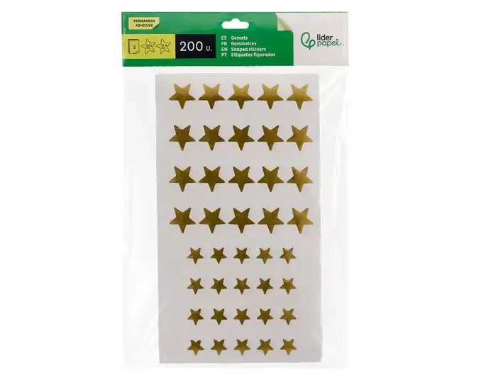 Liderpapel Gomets de estrellas doradas surtidas, bolsa de 5 hojas con 200 unidades
