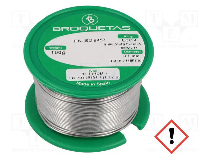 BROQUETAS Estaño libre de plomo Sn96,5Ag3Cu0,5 0,7mm 100g BROQUETAS Estaño libre de plomo Sn96,5Ag3Cu0,5 0,7mm 100g