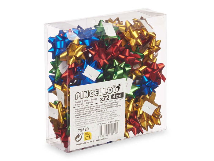 Pincello 72 Lazos Mate 4 cm PVC para Decoración Navideña en Colores Surtidos (Amarillo, Azul, Rojo, Verde) (Set de 12)