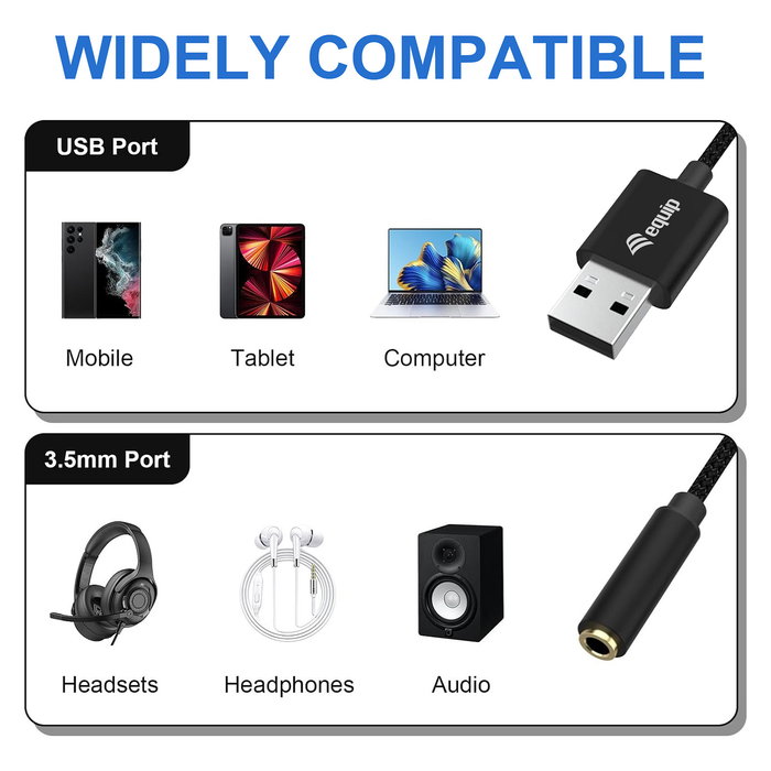 EQUIP Adaptador USB-A a Jack 3.5mm Hembra 147945, Cable 0.15m Negro, Plug and Play, CE, RoHS