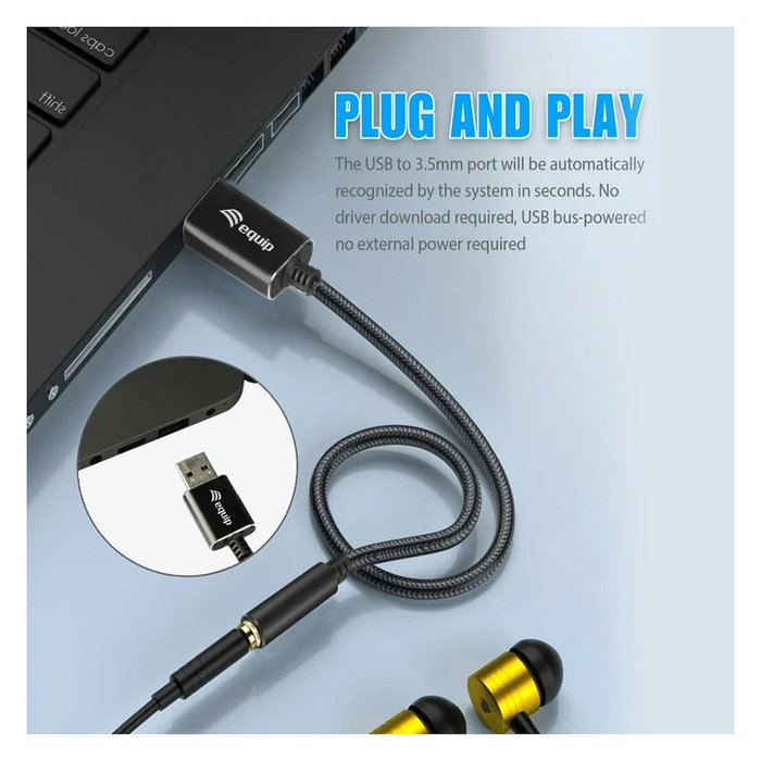 EQUIP Adaptador USB-A a Jack 3.5mm Hembra 147945, Cable 0.15m Negro, Plug and Play, CE, RoHS