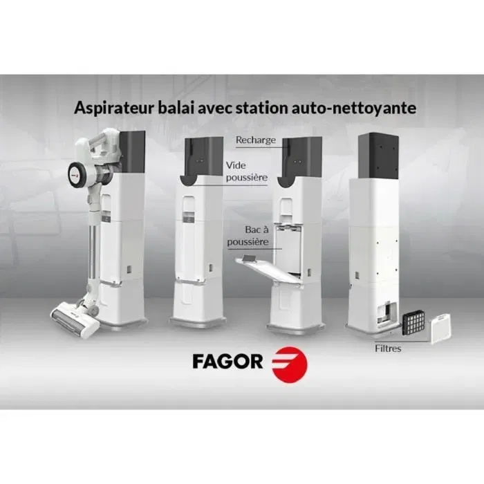 Fagor FG6415 Aspirador Escoba Inalámbrico 2 en 1, 300W, Autonomía 60 min, Con Base Autolimpiante, Tubo Flexible, 3 Velocidades