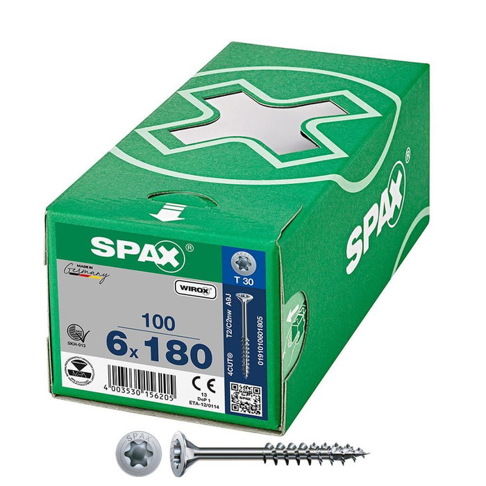 Spax 0191010601805 Tornillo Universal Cabeza Plana Wirox Rosca Parcial 6x180mm T30 Caja 100 Unid. Spax 0191010601805 Tornillo Universal Cabeza Plana Wirox Rosca Parcial 6x180mm T30 Caja 100 Unid.