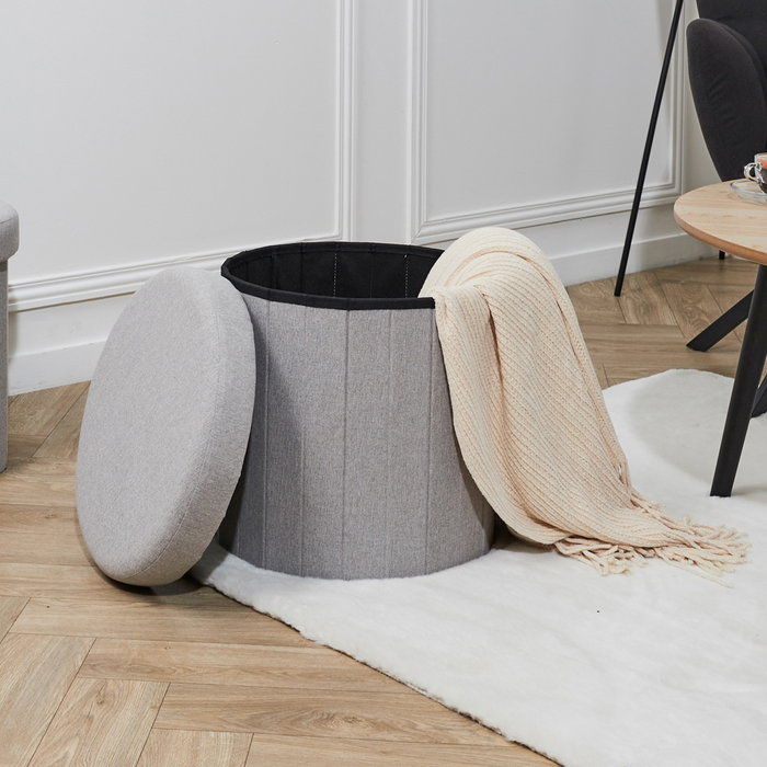 Home Deco Factory Puf Plegable con Almacenaje Essentiel Gris, Diámetro 38 cm, Altura 38 cm, Soporta 110 kg