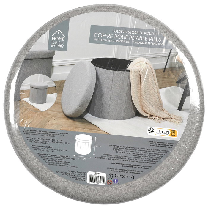 Home Deco Factory Puf Plegable con Almacenaje Essentiel Gris, Diámetro 38 cm, Altura 38 cm, Soporta 110 kg