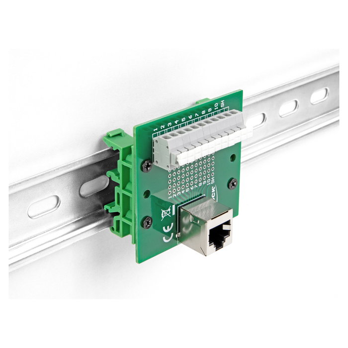 DeLOCK 67013 Adaptador RJ50 hembra a bloque de terminales con pulsador para carril DIN en ángulo