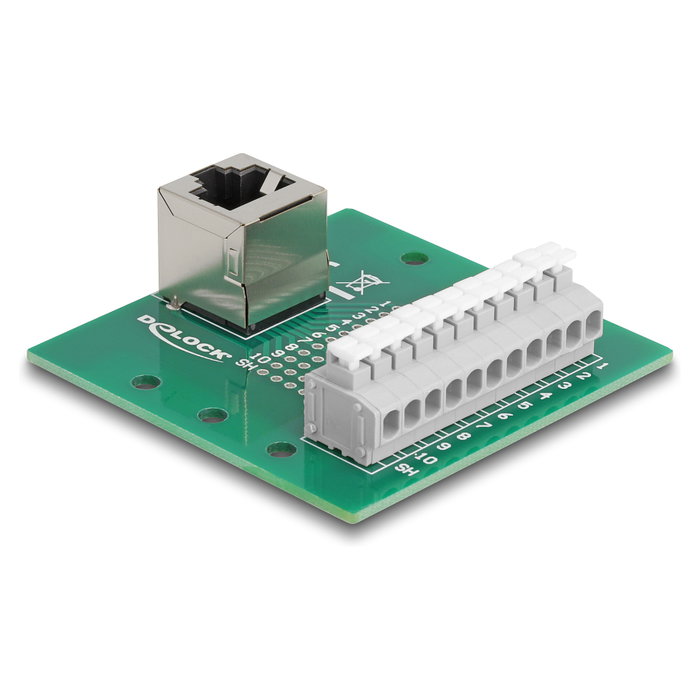 DeLOCK 67013 Adaptador RJ50 hembra a bloque de terminales con pulsador para carril DIN en ángulo