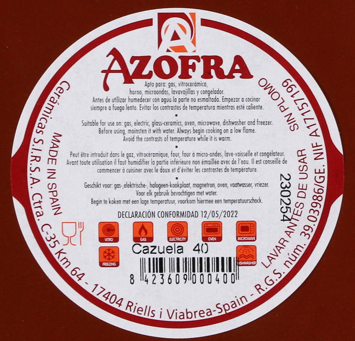 Azofra Cazuela 40 cm Vitrocerámica Medidas 43x43x7.5 cm (2 Unidades)