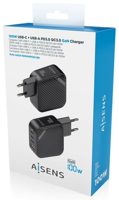 Aisens Cargador GaN 100W 3xUSB-C PD3.0 QC4.0 1xUSB-A QC3.0 Negro Aisens Cargador GaN 100W 3xUSB-C PD3.0 QC4.0 1xUSB-A QC3.0 Negro