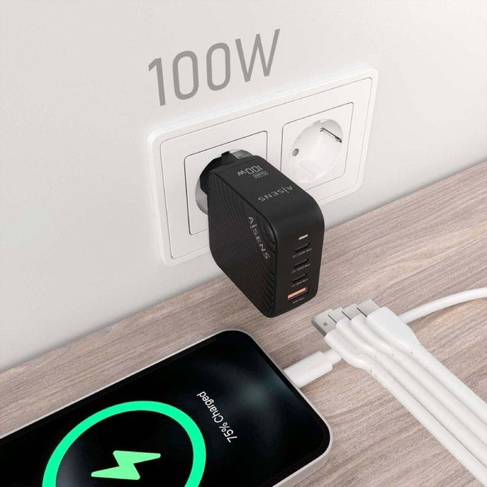Aisens Cargador GaN 100W 3xUSB-C PD3.0 QC4.0 1xUSB-A QC3.0 Negro Aisens Cargador GaN 100W 3xUSB-C PD3.0 QC4.0 1xUSB-A QC3.0 Negro