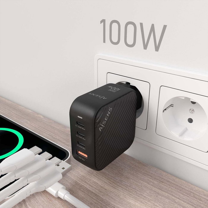 Aisens Cargador GaN 100W 3xUSB-C PD3.0 QC4.0 1xUSB-A QC3.0 Negro Aisens Cargador GaN 100W 3xUSB-C PD3.0 QC4.0 1xUSB-A QC3.0 Negro