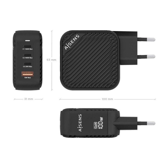 Aisens Cargador GaN 100W 3xUSB-C PD3.0 QC4.0 1xUSB-A QC3.0 Negro Aisens Cargador GaN 100W 3xUSB-C PD3.0 QC4.0 1xUSB-A QC3.0 Negro