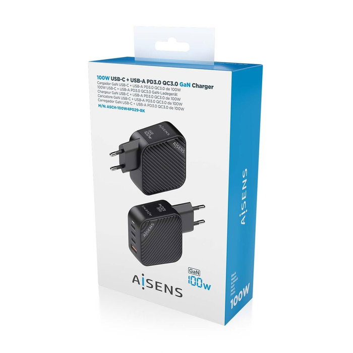 Aisens Cargador GaN 100W 3xUSB-C PD3.0 QC4.0 1xUSB-A QC3.0 Negro Aisens Cargador GaN 100W 3xUSB-C PD3.0 QC4.0 1xUSB-A QC3.0 Negro