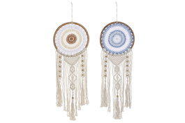 DKD Home Decor Atrapasueños de Macramé Algodón y Ratán Surtido 2 Piezas Azul y Crema