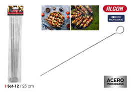 Algon BBQ Set de 12 Pinchos de Metal para Barbacoa con Longitud de 25 cm y Diámetro de 2.5 mm (24 Unidades)