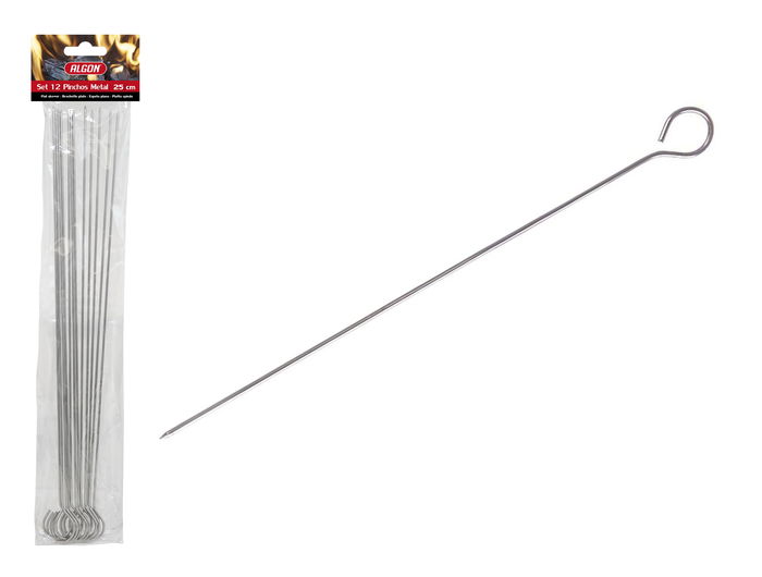 Algon BBQ Set de 12 Pinchos de Metal para Barbacoa con Longitud de 25 cm y Diámetro de 2.5 mm (24 Unidades)