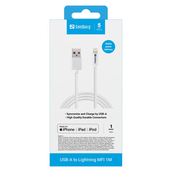 Sandberg Cable USB A a Lightning MFI 1 Metro Blanco, Conectores Derechos, USB 2.0, RoHS, Referencia: USB3.0 > Lightning (ST-ST) 1m