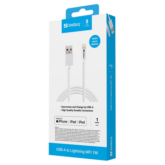 Sandberg Cable USB A a Lightning MFI 1 Metro Blanco, Conectores Derechos, USB 2.0, RoHS, Referencia: USB3.0 > Lightning (ST-ST) 1m