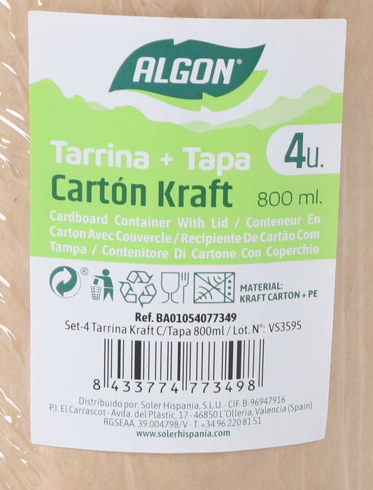 Algon Set 4 Tarrinas Kraft con Tapa 800 ml - 11.5 x 12 x 11.5 cm (12 Unidades)