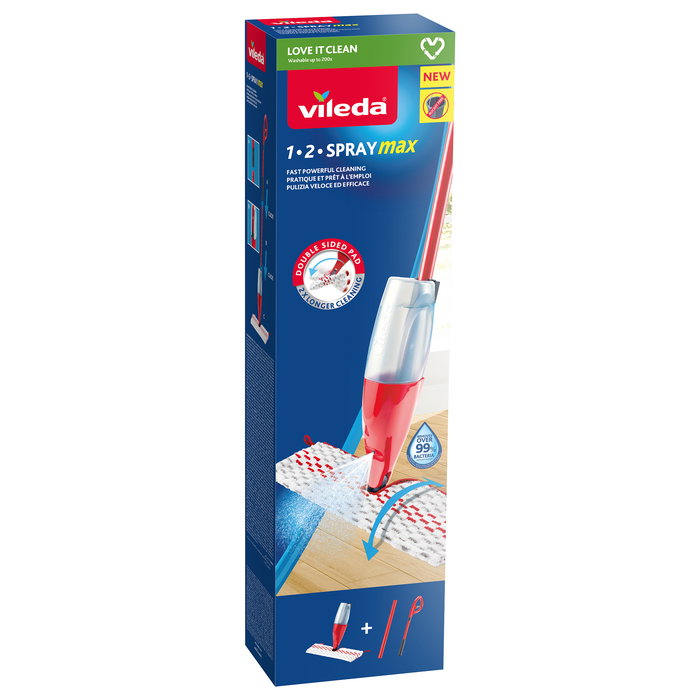 Vileda 1.2 Spray Max - Fregona de Microfibra para Limpieza en Seco y Húmedo - Para Plástico, Laminado y Madera - Color Rojo y Blanco - 1 Unidad en Caja