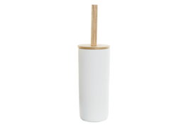 DKD Home Decor Escobillero de Gres y Bambú Blanco y Natural 10x10x38 cm