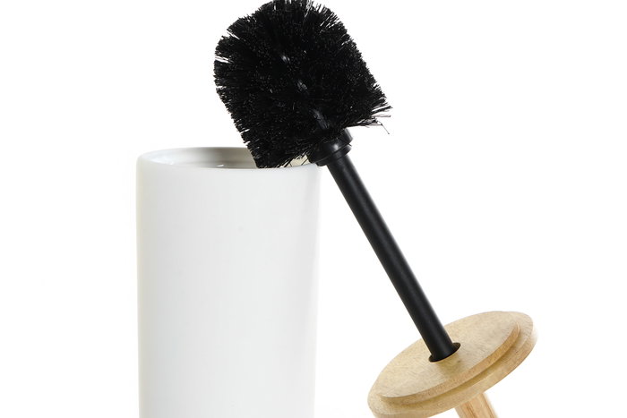 DKD Home Decor Escobillero de Gres y Bambú Blanco y Natural 10x10x38 cm