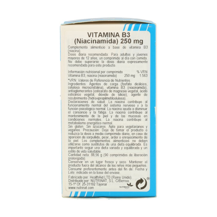 Health Aid Vitamina B3 (Niacinamida) 250 mg, 90 comprimidos Health Aid Vitamina B3 (Niacinamida) 250 mg, 90 comprimidos