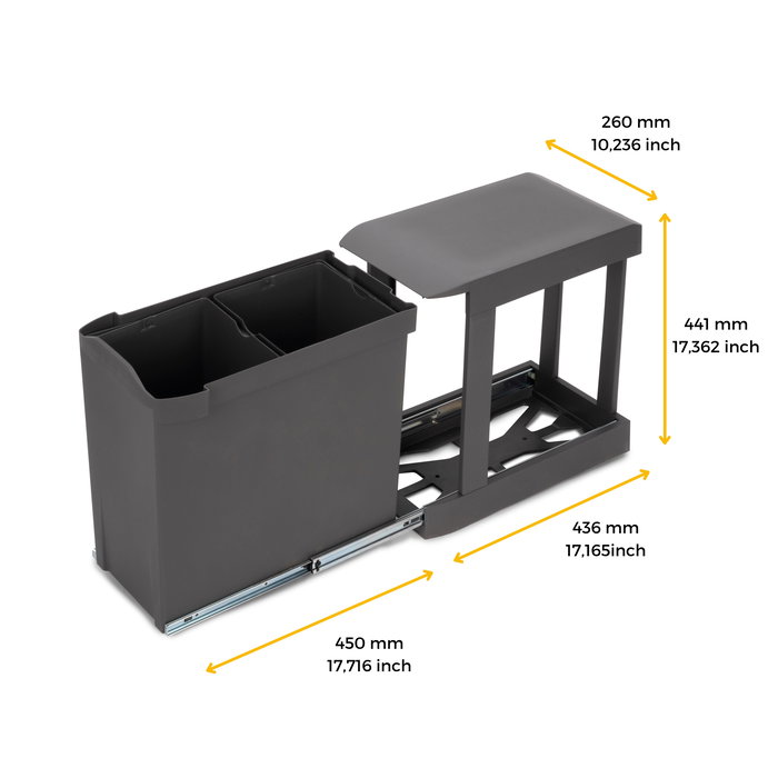Emuca Contenedores de reciclaje para cocina, 2 x 14L, fijación inferior y extracción automática, Acero y Plástico, Gris antracita