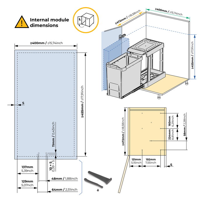 Emuca Contenedores de reciclaje para cocina, 2 x 14L, fijación inferior y extracción automática, Acero y Plástico, Gris antracita