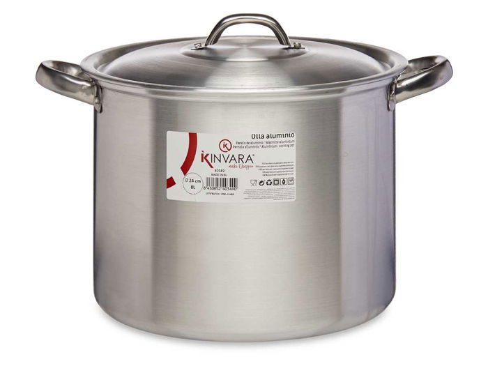 Kinvara Olla Aluminio 8L 24 Cm, Plata, Apto Gas Horno Lavavajillas (Set de 6)