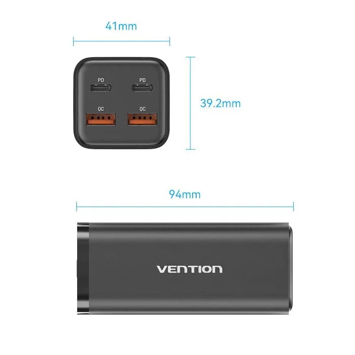 Vention FBSBG-EU Cargador de Pared 100W con 4 Puertos, 2 USB Tipo-C y 2 USB-A, Quick Charge 3.0 y Power Delivery 3.0, Negro, Cable 1.5m